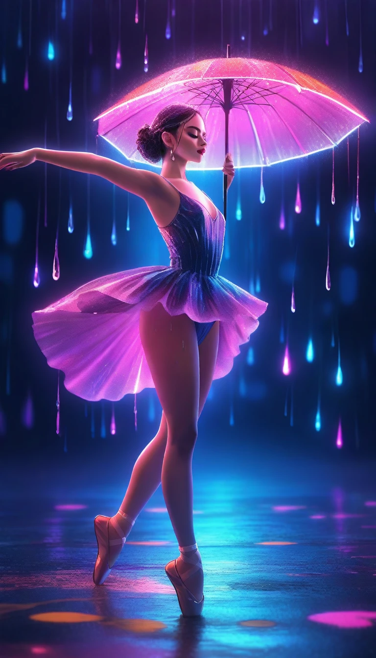 design a rfktrstyle girl dancing in big neon raindrops, beautiful detailed eyes, beautiful detailed lips, extremely detailed eyes and face, long eyelashes, elegant ballet dancer, graceful flowing movements, dynamic pose, neon lights, vibrant colors, glowing neon raindrops, cinematic lighting, surreal fantasy, digital art, 8k, high quality, masterpiece, photorealistic