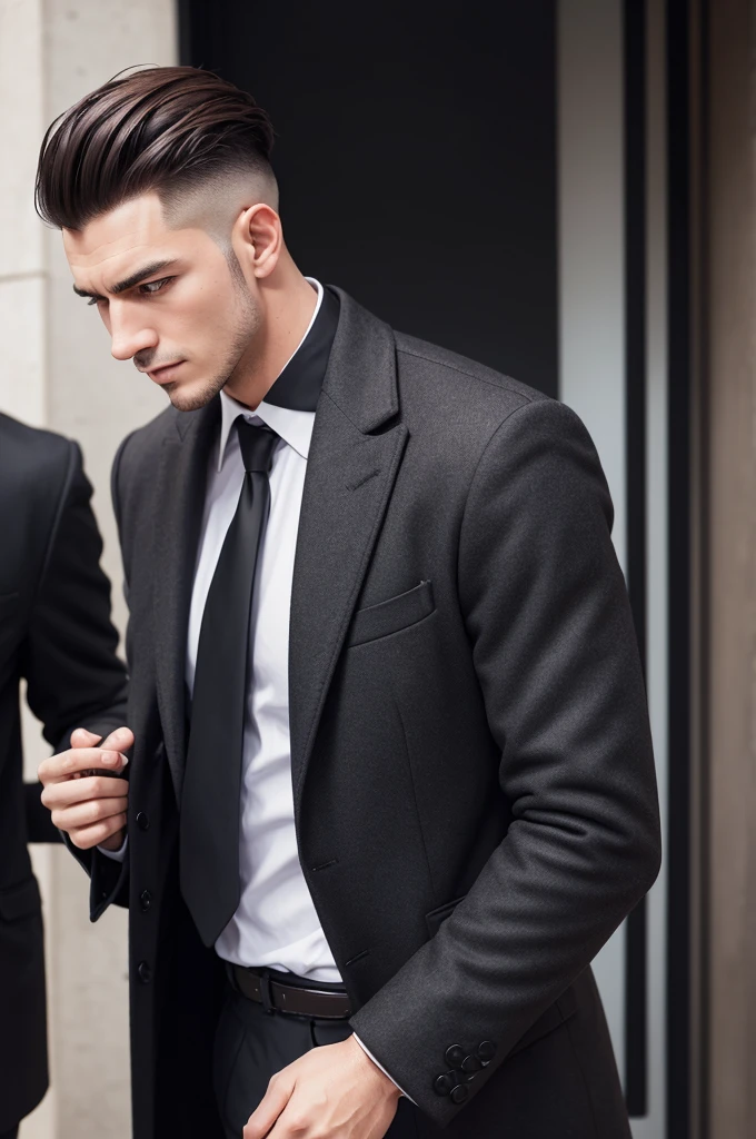 Create a man wearing an open black overcoat and elegant clothing underneath, straight dark brown hair shaved to the sides carrying an executive briefcase 
