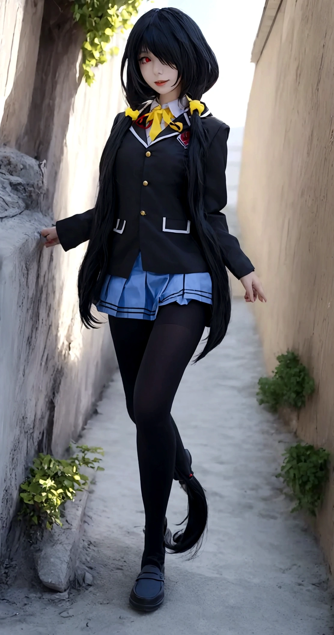 ultra-detailed,highly detailed,best quality,masterpiece,illustration,realistic, photo,photorealistic,
1girl, tokisaki kurumi,cosplay,hair over one eye, (right red eye, left yellow eye), looking at viewer, happy girl,low twintails,
, hotpants, hair rings, loafers,
Outdoors, walking, beach