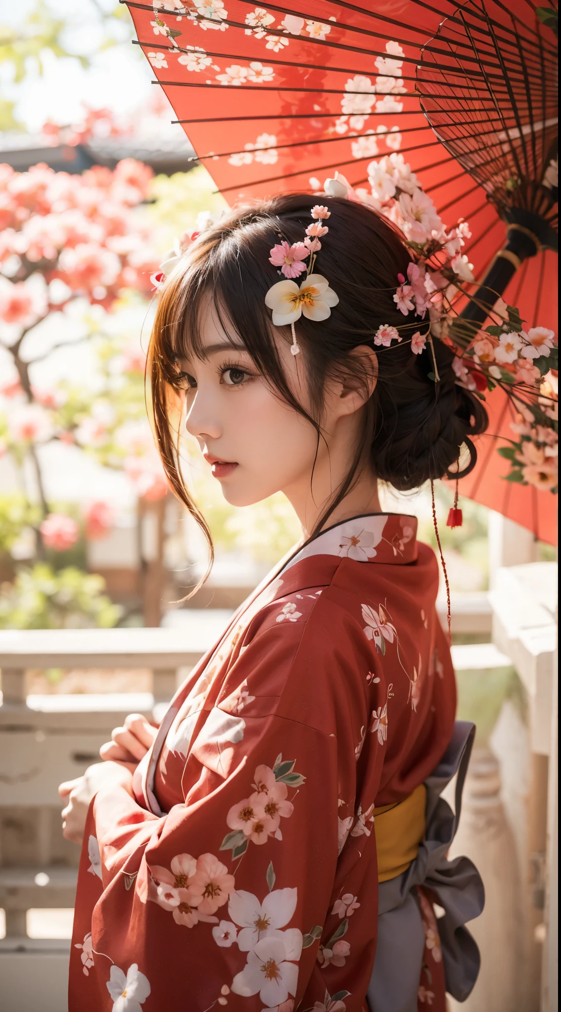 Beautiful Japanese Waifu, brunette hair, traditional Japanese yukata, red papaer umbrella, flowery hair decoration