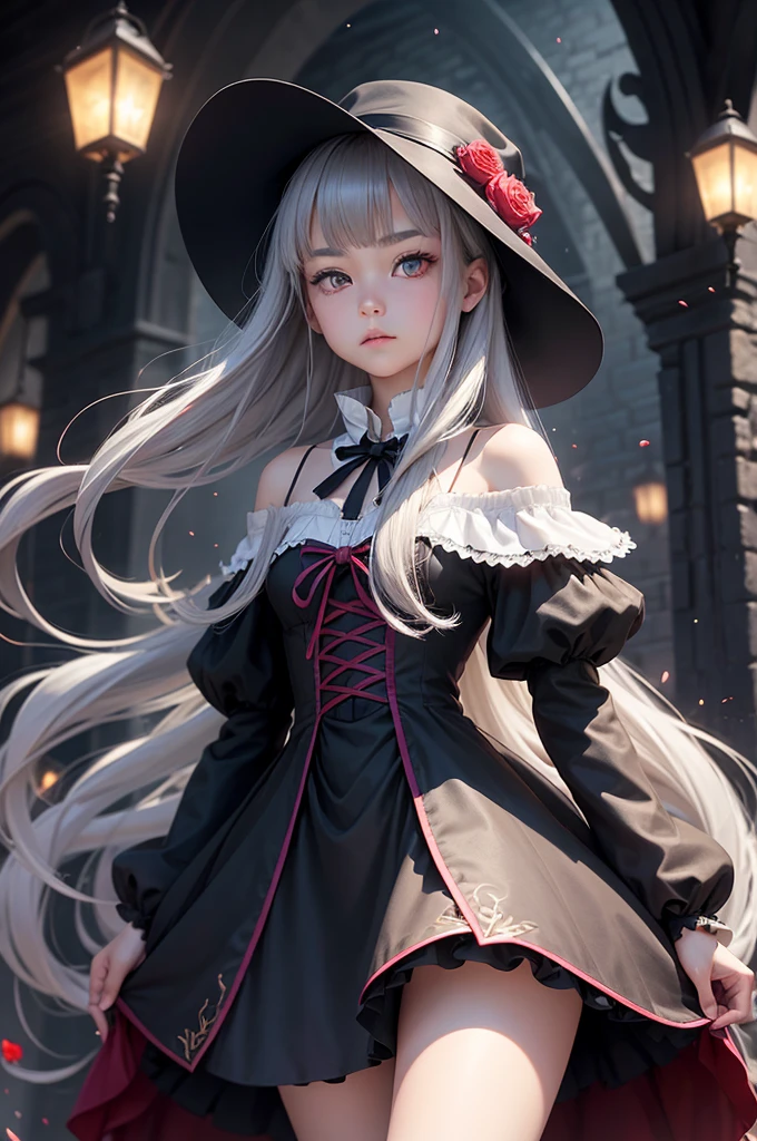 1 girl, expressionless, Japanese face, 16 years old, cute girl, have one's hair cut in a row and Hide your forehead with bangs and hairstyle with the bangs cut in half and Beautiful straight light gray long hair, beautiful red eyes, skinny body, Half vampire, No muscles, Roses and Camellia, Moonlight and Castle, wizard, Big magic wand, gothic skirt, magical girl, little Medieval Dress, Princess Dresses, Big black hat, light particles, light sparkles, lens flare, Light particles, Magic light, strong light