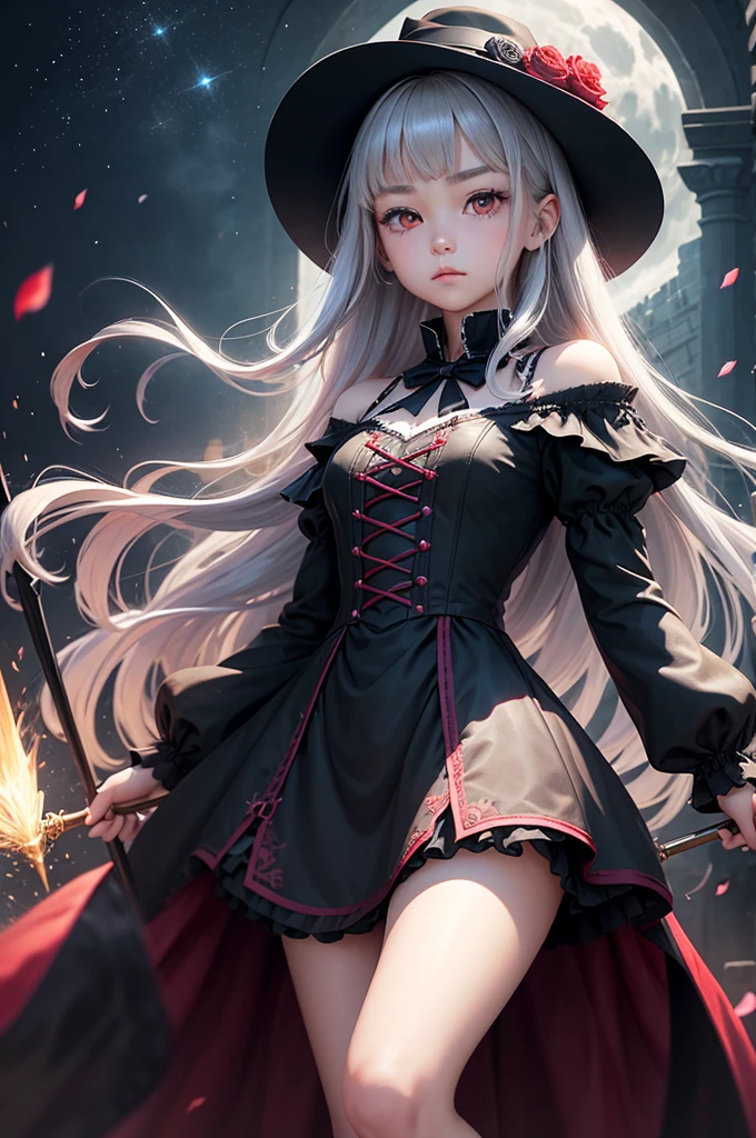 1 girl, expressionless, Japanese face, 16 years old, cute girl, have one's hair cut in a row and Hide your forehead with bangs and hairstyle with the bangs cut in half and Beautiful straight light gray long hair, beautiful red eyes, skinny body, Half vampire, No muscles, Roses and Camellia, Moonlight and Castle, wizard, Big magic wand, gothic skirt, magical girl, little Medieval Dress, Princess Dresses, Big black hat, light particles, light sparkles, lens flare, Light particles, Magic light, strong light
