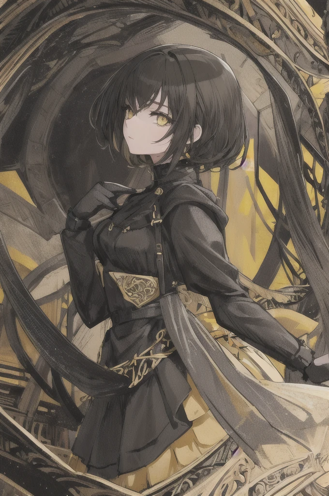 girl with short black and blonde hair, yellow eyes, black dress, highly detailed high contrast hd masterpiece of best quality in high resolution