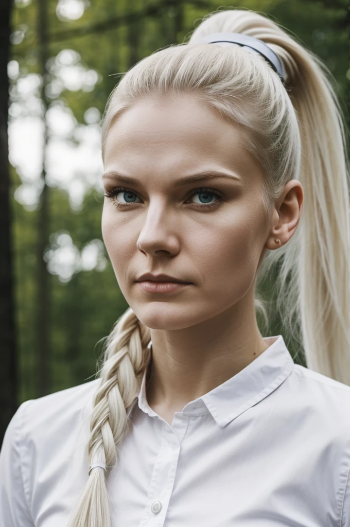 A pale finnish woman. Her hairs is white and in a ponytail. She has a masculine face and a serious expression.