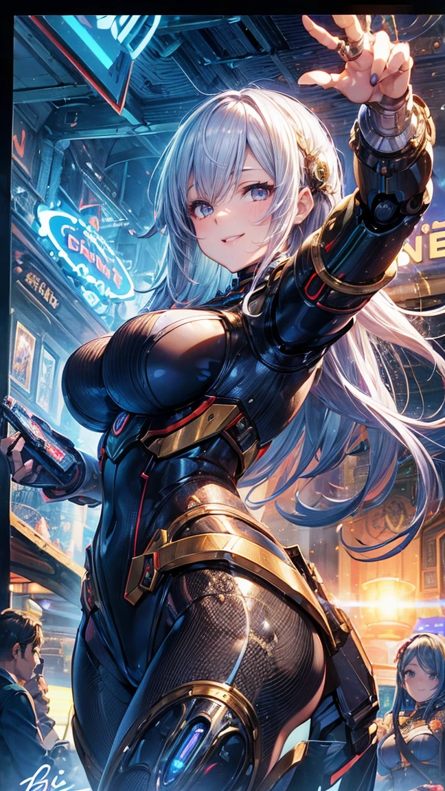(1 mature robot girl,Age 35), ((Pub,guild)),(smile),Dynamic pose,Dynamic Angle,Pose for a photo,From below,Elderly woman、Trading Card Game Frames、Highest Rare、Five Fingers、Signature mark、Big Butt、White Hair、Android、Robo joint