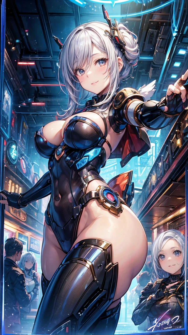 (1 mature robot girl,Age 35), ((Pub,guild)),(smile),Dynamic pose,Dynamic Angle,Pose for a photo,From below,Elderly woman、Trading Card Game Frames、Highest Rare、Five Fingers、Signature mark、Big Butt、White Hair、Android、Robo joint