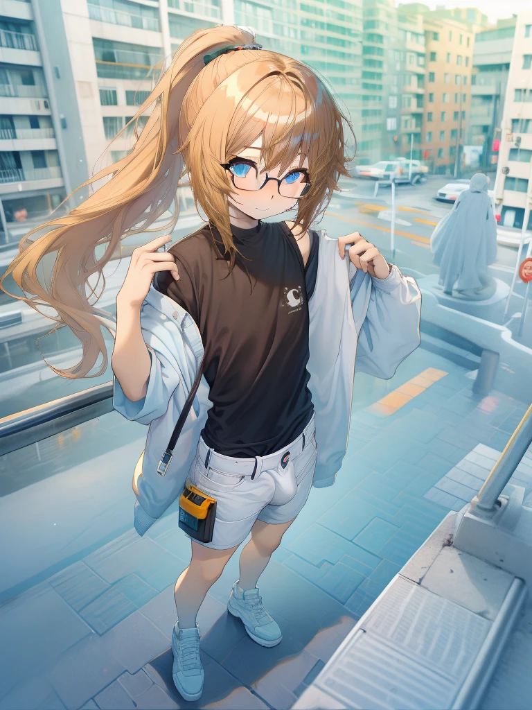 Femboy, solo, square glasses, Short messy blond ponytail, blue eyes, black t-shirt, white shorts, Korean bangs, tan skinned, streets background, happy expression, steam, big bulge, full body, standing