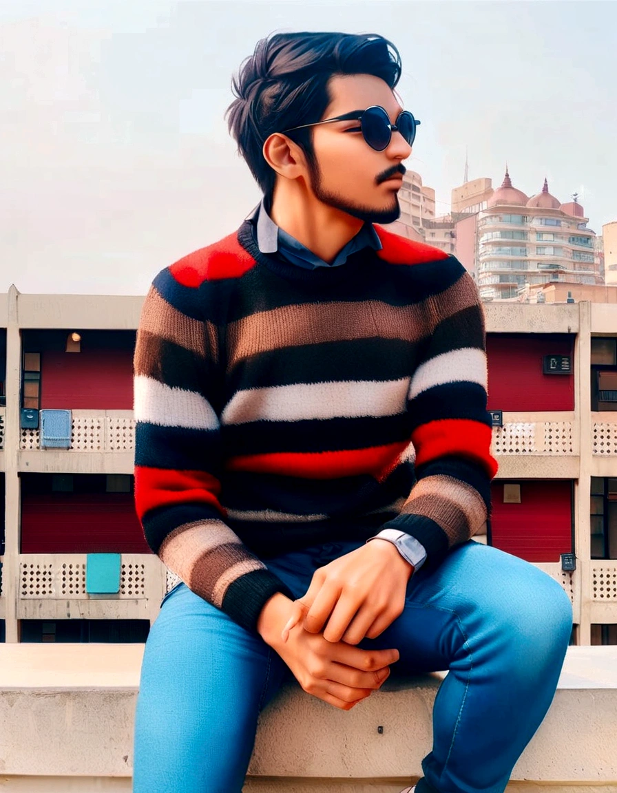 araffed man sitting on a ledge with a building in the background, full body photogenic shot, candid picture, inspired by Kailash Chandra Meher, full body picture, with a cool pose, he is wearing a brown sweater, stylish pose, khyzyl saleem, wearing casual sweater, full body photograph, ash thorp khyzyl saleem, casual pose