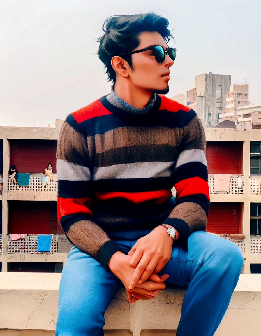 araffed man sitting on a ledge with a building in the background, full body photogenic shot, candid picture, inspired by Kailash Chandra Meher, full body picture, with a cool pose, he is wearing a brown sweater, stylish pose, khyzyl saleem, wearing casual sweater, full body photograph, ash thorp khyzyl saleem, casual pose