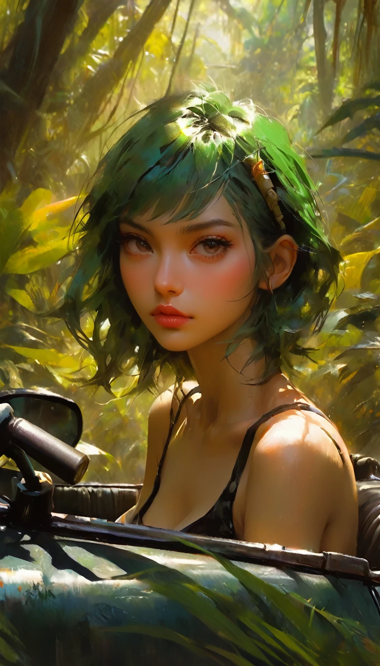 slim green haired woman, punk appearance, riding a toriyama style convertible car, big off-road wheels, tough appearance, driving through a leafy jungle full of prehistoric animals that stalk her (inspirational art by Simon bisley and Bill Sienkiewicz , oil painting, brush stroke details that enhance depth) (best quality,4k,8k,highres,masterpiece:1.2),ultra-detailed,(realistic,photorealistic,photo-realistic:1.37),intricate details,vivid colors,sharp focus,professional, oil touch of surrealism,oil painting style,portrait,woman,beautiful detailed eyes,beautiful detailed lips,small breast,dreamlike atmosphere,shadow play,soft lighting,playful pose,dark hues,ethereal background,fantasy elements,texture, leafy jungle full of prehistoric animals that stalk her,layered composition. (inspirational art by Simon bisley and Bill Sienkiewicz , oil painting, brush stroke details that enhance depth)(no signs)