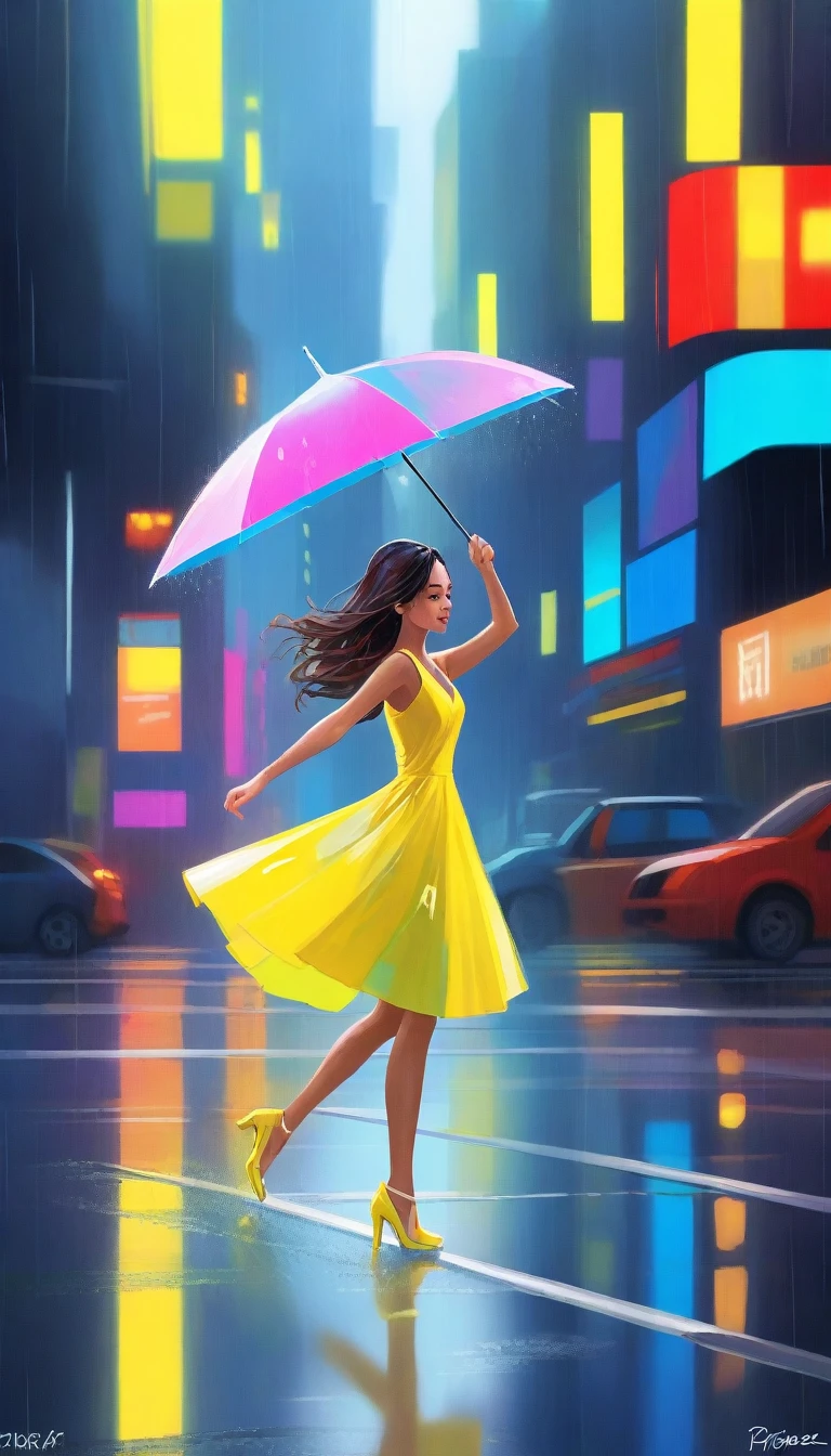 design a rfktrstyle girl twirls effortlessly in a kaleidoscope of big neon raindrops, her umbrella abandoned on the wet pavement. The downpour of vibrant hues creates a mesmerizing backdrop as she spins and leaps to the rhythm, her bright yellow dress glistening with each movement. The cityscape hums with energy, reflected in her joyful abandon.