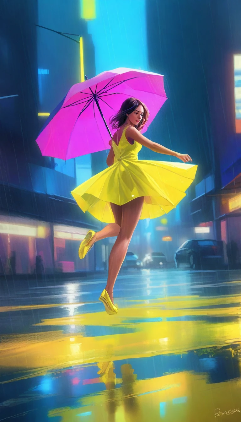 design a rfktrstyle girl twirls effortlessly in a kaleidoscope of big neon raindrops, her umbrella abandoned on the wet pavement. The downpour of vibrant hues creates a mesmerizing backdrop as she spins and leaps to the rhythm, her bright yellow dress glistening with each movement. The cityscape hums with energy, reflected in her joyful abandon.