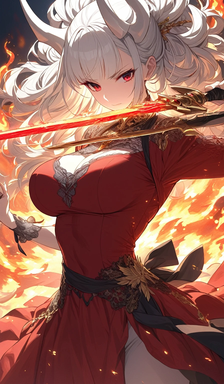 A masterpiece, very detailed, ultra detailed, one, (1 woman), athletic body, six press packs, she is in a ballroom lace red dress with bright gold details, with a fiery sword in her hand and in a standing and fighting position, super mature, tall, milf-style, mature mother, long hair, bright white hair and wild bangs and tied hair, white demonic horns, beautiful, charming, bright blood-red eyes, elegant, large breasts, neutral face, calm face, charming, against the background of fire, flame and lava.