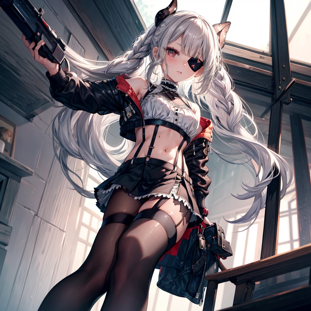 ((Highest quality)), ((masterpiece)), ((detailed)), (4K), (nsfw), 1girl, 独奏, (eyepatch), crop top, leather jacket, Torn miniskirt, suspender skirt, torn pantyhose, panties, panties under pantyhose, choker, bracelet, small breasts, erect nipples, (rain), ((wet)), see through, (expressionless), scowl, (from below), (looking down), looking at viewer, feet up, wasteland, town