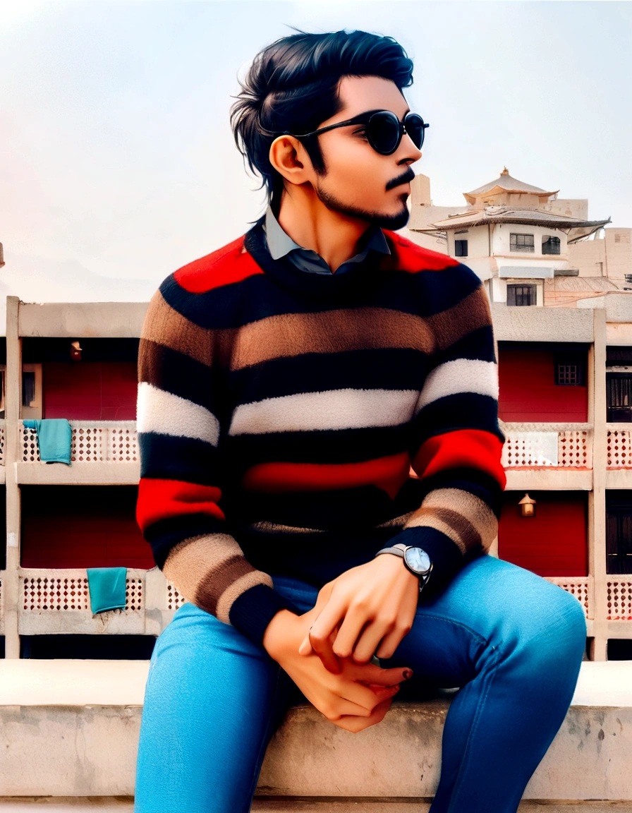 araffed man sitting on a ledge with a building in the background, full body photogenic shot, candid picture, inspired by Kailash Chandra Meher, full body picture, with a cool pose, he is wearing a brown sweater, stylish pose, khyzyl saleem, wearing casual sweater, full body photograph, ash thorp khyzyl saleem, casual pose