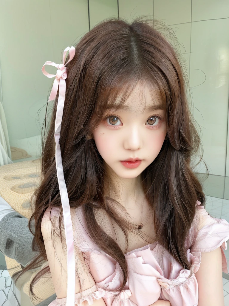 There is a woman with long hair and a pink dress posing for a photo, ulzzang, cute kawaii girl, kawaii realistic portrait, brown hair and large eyes, kawaii hairstyle, cute natural anime face, Sakimichan, kawaii hair style, cute face girl, big eyes and long flowing hair, ultra realistic sweet bunny, brown hair with bangs