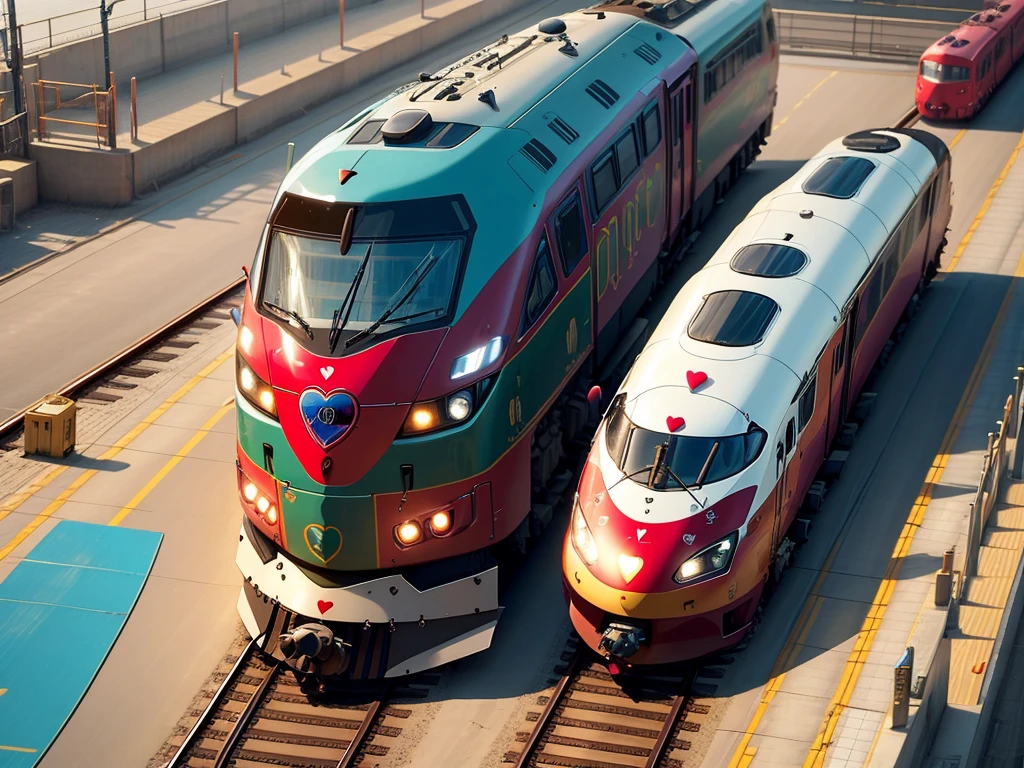 a modern train rushes along the rails with an image of a heart on the carriages and a heart painted on the locomotive