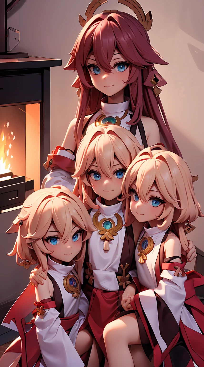 In a cozy living room with a fireplace, comfortable sofas, and a large portrait of their father on the wall, three brothers sit together, each holding a side of a shining necklace. The eldest, with black hair, blue eyes, and wearing a grey tunic, the middle, with brown hair, green eyes, and wearing a brown vest, and the youngest, with blonde hair, brown eyes, and wearing a green shirt, all look at each other with determination.