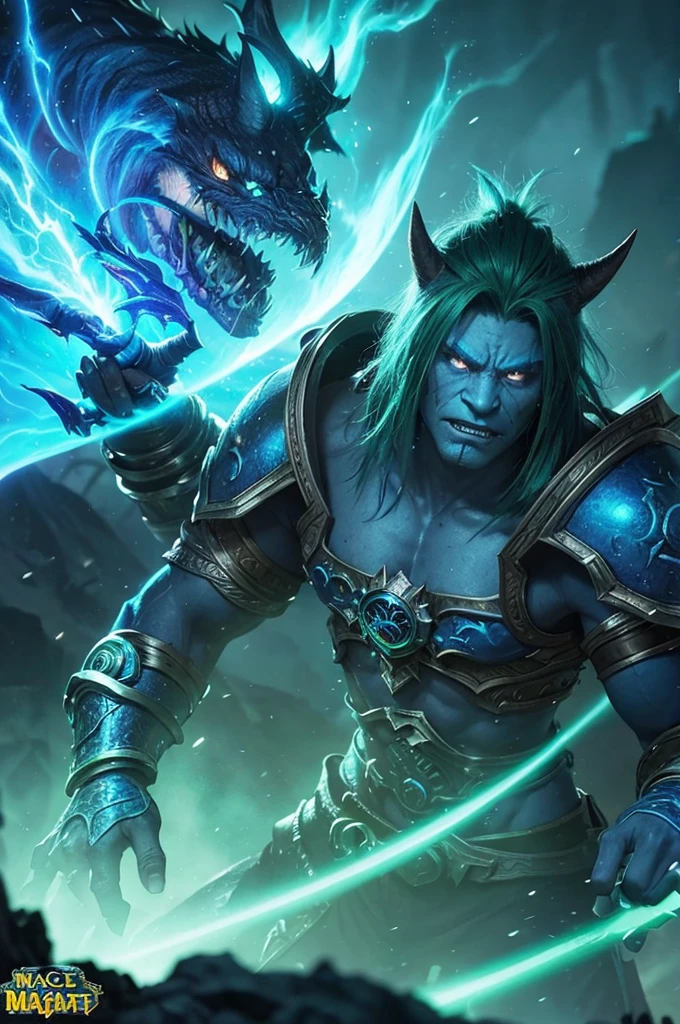 mage troll world of warcraft, blue-skinned troll character, green mohawk hair, glowing eyes, magical staff, fantasy character, detailed facial features, detailed textures, dramatic lighting, vibrant colors, dark moody atmosphere, intricate character design, epic fantasy scene, digital art, highly detailed, 8k, photorealistic.