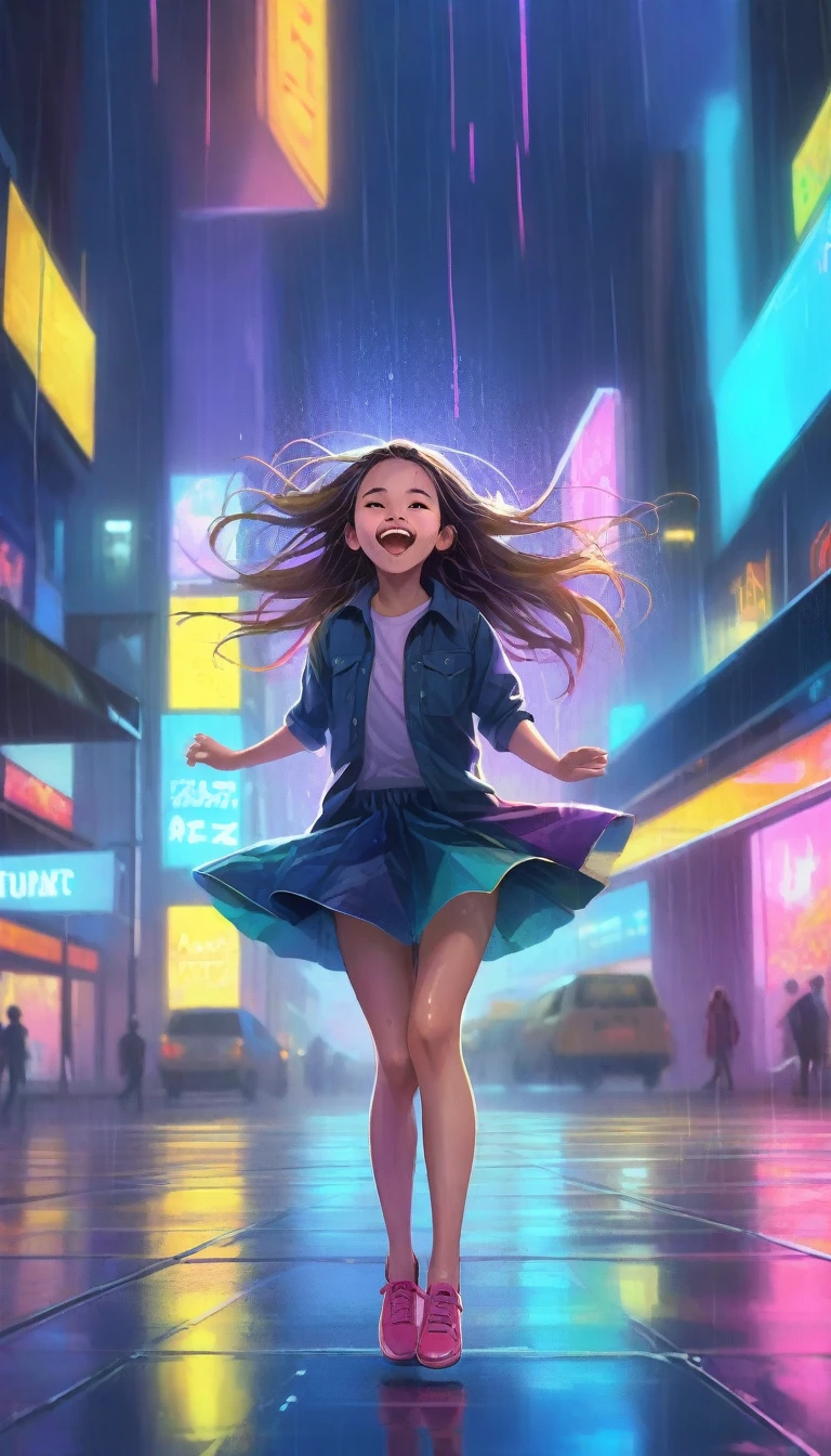 design a rfktrstyle close-up shot of a young girl's ecstatic face shines amidst a mesmerizing backdrop of big neon raindrops falling around her. She twirls and spins to an unseen rhythm, her long hair whipping about her head like a colorful aura. The cityscape's vibrant lights reflect off the wet pavement, casting a kaleidoscope of colors at her feet.