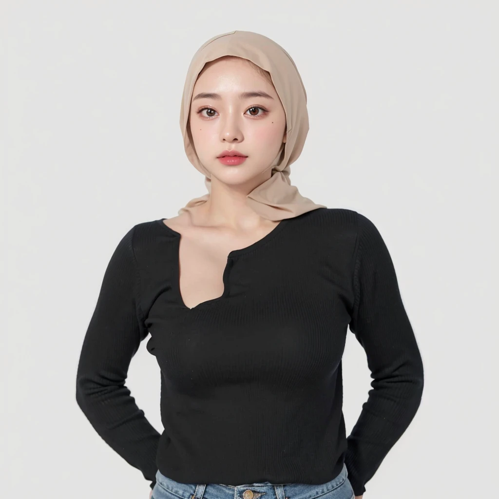 (Best quality, 8k, 32k, Masterpiece, UHD:1.2),Photo of Pretty Japanese hijab woman, large breasts, oversize crew shirt.