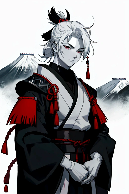 male character,White skin,Samurai warrior,background of a relief of a Japanese mountain,HD,symmetrical,4k,Masterpiece,elegant,adorable