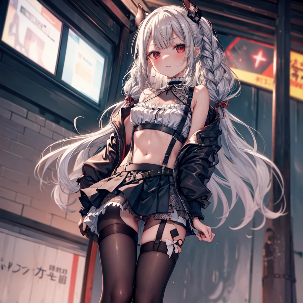 ((Highest quality)), ((masterpiece)), ((detailed)), (4K), (nsfw), 1girl, 独奏, (eyepatch), crop top, leather jacket, Torn miniskirt, suspender skirt, torn pantyhose, panties, panties under pantyhose, choker, bracelet, small breasts, erect nipples, (rain), ((wet)), see through, (expressionless), scowl, (from below), (looking down), looking at viewer, open legs, wasteland, town