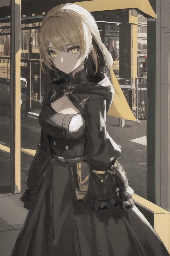 girl with short black and blonde hair, yellow eyes, black dress, highly detailed high contrast hd masterpiece of best quality in high resolution