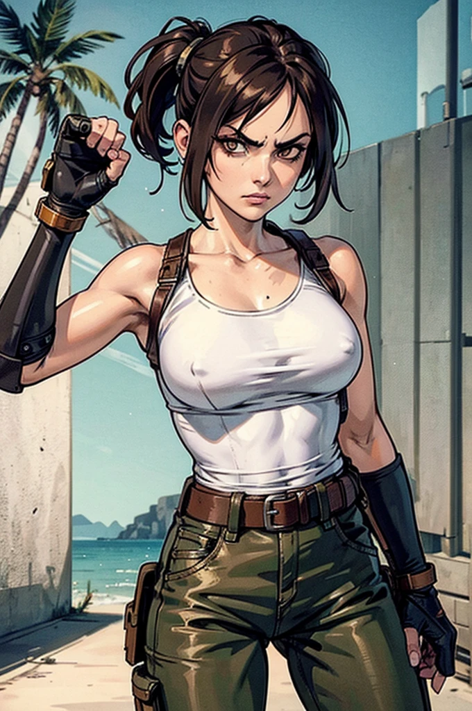 a military woman, well trained body, white sleeveless t-shirt, Exposed collarbone, beige leather shelter, blue pants, two leather belts with gun pockets, dark brown hair, carving, Brown eyes, hazel left eye, left eye with a scar, beach shore, at daytime, fighting position, fighting position taekwondo, hands clenched into fists, at the level of your chin, annoyed, staring menacingly at the viewer, sharp eyes, threatening expression looking at viewer, sparkling beach, palm trees around, In a post-apocalyptic environment, post - apocalyptic cowgirl, Post - Apocalyptic style, Post apocalyptic clothing, pose, post-apocalyptic, Postapocalyptic style, post apocalyptic grunge, Post - Apocalyptic Scavenger. (Ultra quality) 8k quality, detailed, perfect light, perfect angle, perfect sharpness.