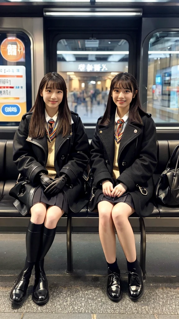Photo of two Japanese high school girls wearing duffle coats with leather shoes and shiny black leather gloves, Profile of a woman with her legs crossed at the entrance to the subway. This photo was taken in daylight with soft lighting..、The girls are sitting on the ground.。. This photo was taken by someone on their cell phone..、Apparently it was posted on Snapchat.。.
