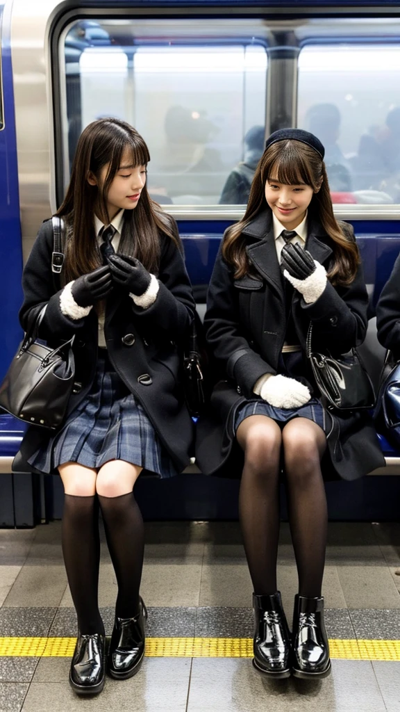 Photo of two Japanese high school girls wearing duffle coats with leather shoes and shiny black leather gloves, Profile of a woman with her legs crossed at the entrance to the subway. This photo was taken in daylight with soft lighting..、The girls are sitting on the ground.。. This photo was taken by someone on their cell phone..、Apparently it was posted on Snapchat.。. 