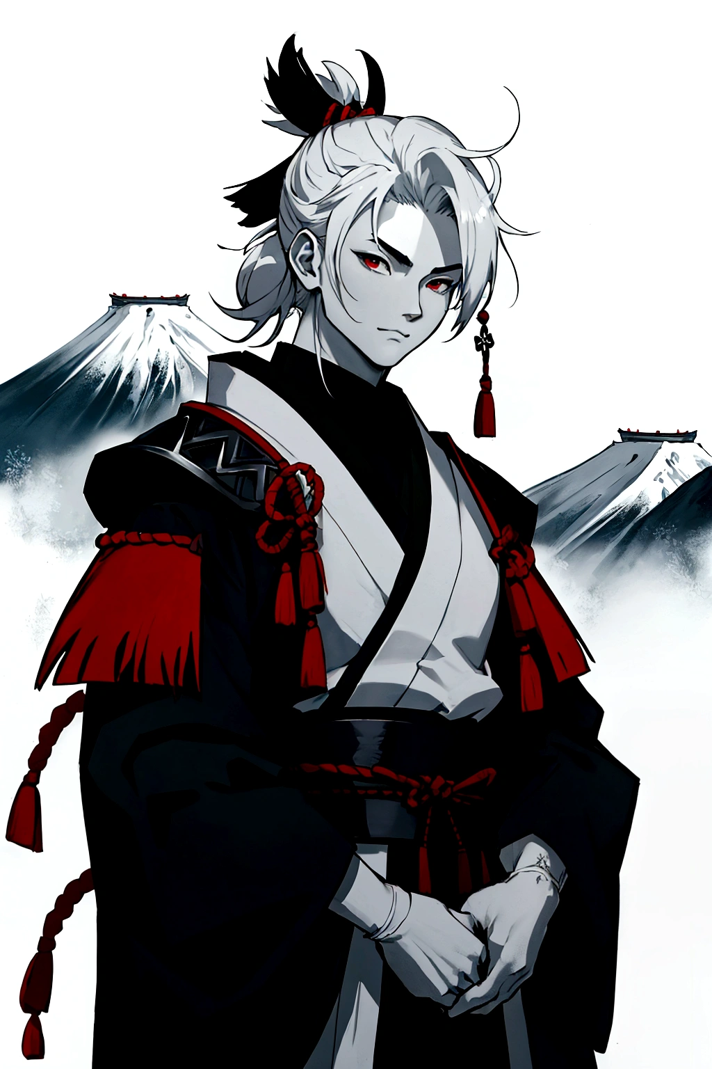 male character,White skin,Samurai warrior,background of a relief of a Japanese mountain,HD,symmetrical,4k,Masterpiece,elegant,adorable