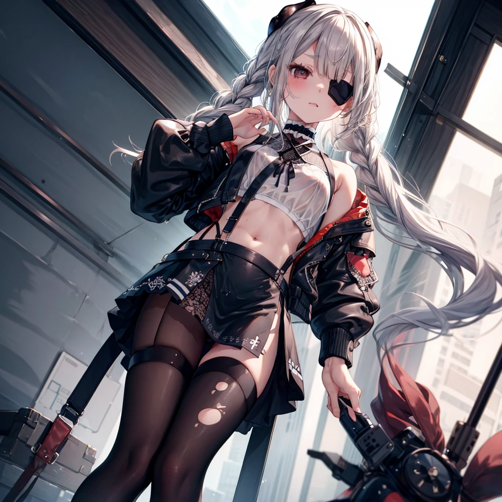 ((Highest quality)), ((masterpiece)), ((detailed)), (4K), (nsfw), 1girl, 独奏, (eyepatch), crop top, leather jacket, Torn miniskirt, suspender skirt, torn pantyhose, panties, panties under pantyhose, choker, bracelet, small breasts, erect nipples, (rain), ((wet)), see through, (expressionless), scowl, (from below), (looking down), looking at viewer, (open legs), wasteland, town