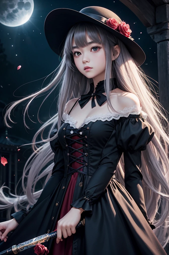 1 girl, expressionless, Japanese face, 16 years old, cute girl, have one's hair cut in a row and Hide your forehead with bangs and hairstyle with the bangs cut in half and Beautiful straight light gray long hair, beautiful red eyes, skinny body, Half vampire, No muscles, Roses and Camellia, Moonlight and Castle, wizard, Big magic wand, gothic skirt, magical girl, little Medieval Dress, Princess Dresses, Big black hat, light particles, light sparkles, lens flare, Light particles, Magic light, strong light