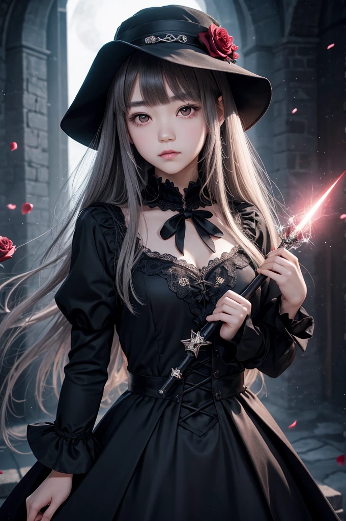 1 girl, expressionless, Japanese face, , cute girl, have one's hair cut in a row and Hide your forehead with bangs and hairstyle with the bangs cut in half and Beautiful straight light gray long hair, beautiful red eyes, skinny body, Half vampire, No muscles, Roses and Camellia, Moonlight and Castle, wizard, Big magic wand, gothic skirt, magical girl, little Medieval Dress, Princess Dresses, Big black hat, light particles, light sparkles, lens flare, Light particles, Magic light, strong light