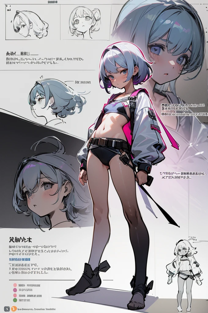 multiple views, pencil sketch, (sketch:1.25), (,small breasts,), ((no shoes)), shy, best quality, graphite \\(medium\\), ske, gradient, rainbow, note, Line draft, highres, absurdres, (ultra-detailed:1.1), (illustration:1.1), (infographic:1.2), pajamas, (all clothes configuration:1.15), (solo), perfectly drawn hands, standing, cohesive background, paper, action, (character design:1.1), beltbra, corin, 1girl,