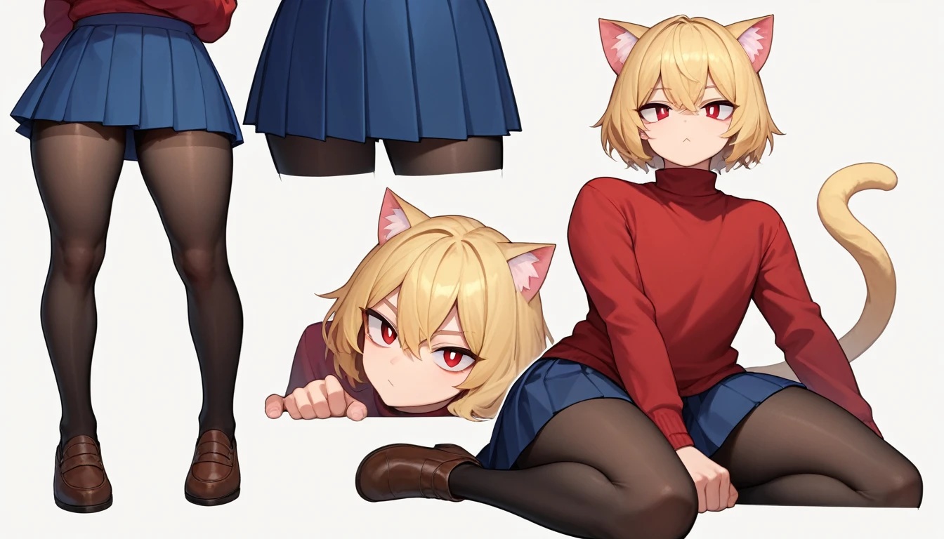 score_9, score_8_up, score_7_up, score_6_up, score_5_up, score_4_up, BREAK, 1boy, solo, necoarc, lit pupils, cat ears, blonde hair, red eyes, :3, turtleneck, blue skirt, pleated skirt, pantyhose, brown footwear, highlight thighs, thick thighs, seductive pose, (dynamic poses), looking at the viewer