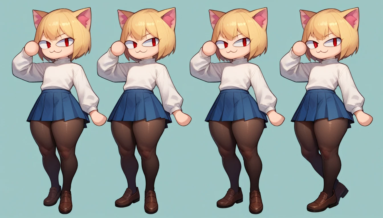 score_9, score_8_up, score_7_up, score_6_up, score_5_up, score_4_up, BREAK, 1boy, solo, necoarc, lit pupils, cat ears, blonde hair, red eyes, :3, turtleneck, blue skirt, pleated skirt, pantyhose, brown footwear, highlight thighs, thick thighs, seductive pose, (dynamic poses), looking at the viewer