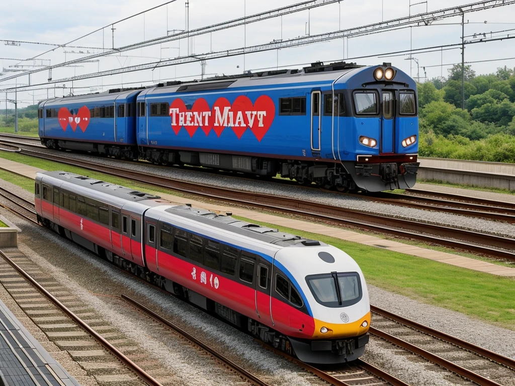 a modern train rushes along the rails with an image of a heart on the carriages and a heart painted on the locomotive