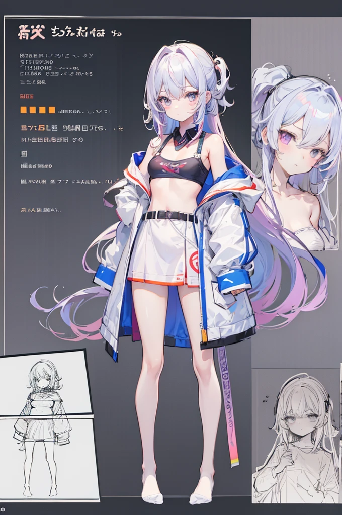 multiple views, pencil sketch, (sketch:1.25), (little girl,small breasts,), ((no shoes)), shy, best quality, graphite \\(medium\\), ske, gradient, rainbow, note, Line draft, highres, absurdres, (ultra-detailed:1.1), (illustration:1.1), (infographic:1.2), pajamas, (all clothes configuration:1.15), (solo), perfectly drawn hands, standing, cohesive background, paper, action, (character design:1.1), beltbra, corin, 1girl,