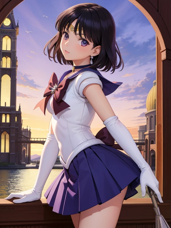 masterpiece, best quality, high resolution, extremely detailed, cinematic lighting, 1girl, looking at viewer, arched back, sailor saturn, tiara, sailor senshi uniform, purple sailor collar, pleated skirt, elbow gloves, jewelry, brooch, choker, purple eyes