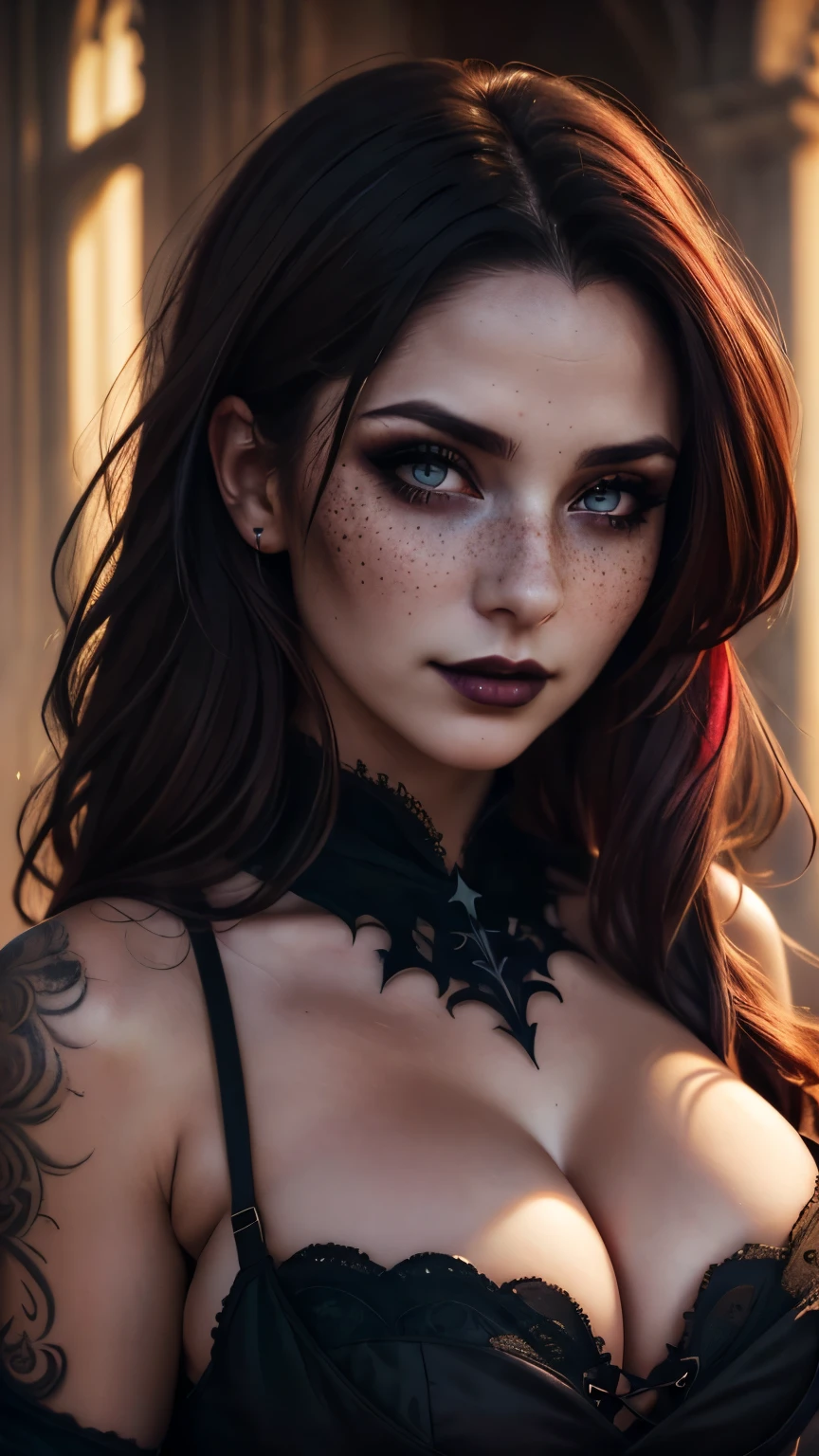 (best qualityer, hyperdetailed photograph:1.2), breasts, face and more is visible,beautiful lady, freckles, gothic dark makeup, smooth light, huge perfect breast,head and chest portrait, cover, (detailed gorgeous face, skin texture detail, ultra-detailed body:1.1) Sexy Vampire girl,