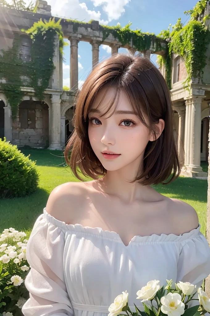 Ultra-high resolution、(true:1.4)、A beautiful woman、Beautifully detailed eyes and skin、Short light brown hair、a small smile、Small bust、shirt、White flowers on the grass々、ruins of ancient buildings、wood々on the other side of the sea、cloudy、Soft sunlight at dusk、
