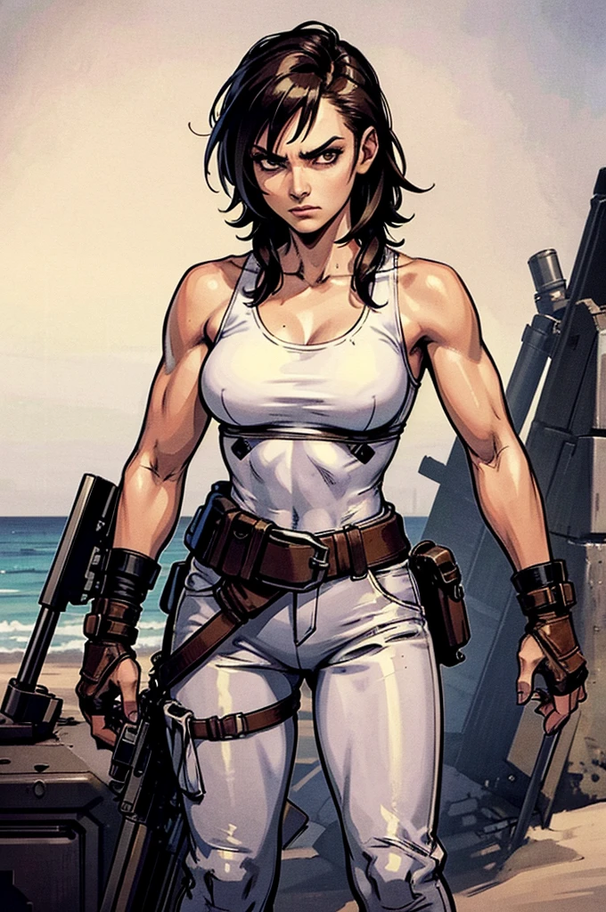 a military woman, well trained body, white sleeveless t-shirt, Exposed collarbone, beige leather shelter, blue pants, two leather belts with gun pockets, dark brown hair, carving, Brown eyes, hazel left eye, left eye with a scar, beach shore, at daytime, fighting position, fighting position taekwondo, hands clenched into fists, at the level of your chin, annoyed, staring menacingly at the viewer, sharp eyes, threatening expression looking at viewer, sparkling beach, palm trees around, In a post-apocalyptic environment, post - apocalyptic cowgirl, Post - Apocalyptic style, Post apocalyptic clothing, pose, post-apocalyptic, Postapocalyptic style, post apocalyptic grunge, Post - Apocalyptic Scavenger. (Ultra quality) 8k quality, detailed, perfect light, perfect angle, perfect sharpness.