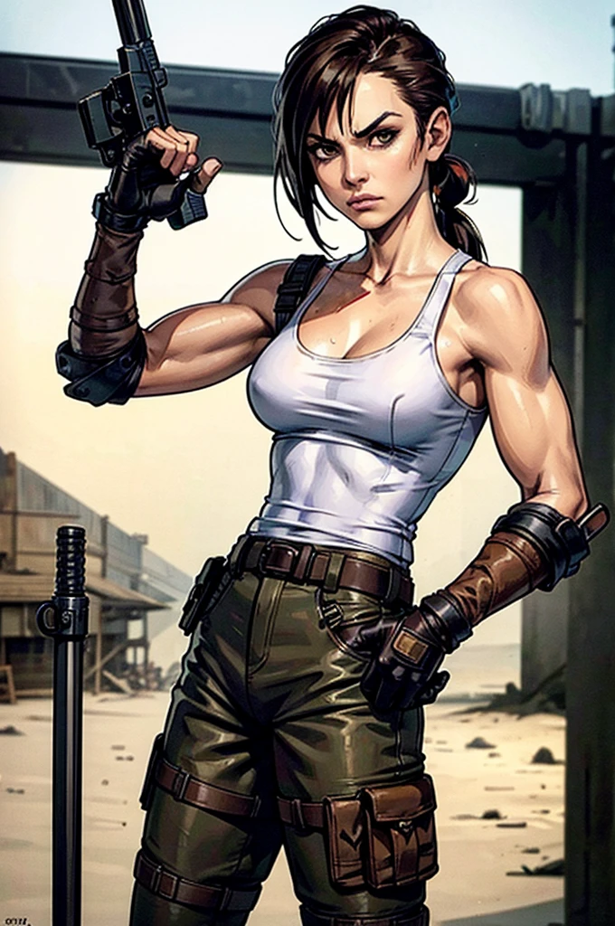 a military woman, well trained body, white sleeveless t-shirt, Exposed collarbone, beige leather shelter, blue pants, two leather belts with gun pockets, dark brown hair, carving, Brown eyes, hazel left eye, left eye with a scar, beach shore, at daytime, fighting position, fighting position taekwondo, hands clenched into fists, at the level of your chin, annoyed, staring menacingly at the viewer, sharp eyes, threatening expression looking at viewer, sparkling beach, palm trees around, In a post-apocalyptic environment, post - apocalyptic cowgirl, Post - Apocalyptic style, Post apocalyptic clothing, pose, post-apocalyptic, Postapocalyptic style, post apocalyptic grunge, Post - Apocalyptic Scavenger. (Ultra quality) 8k quality, detailed, perfect light, perfect angle, perfect sharpness.