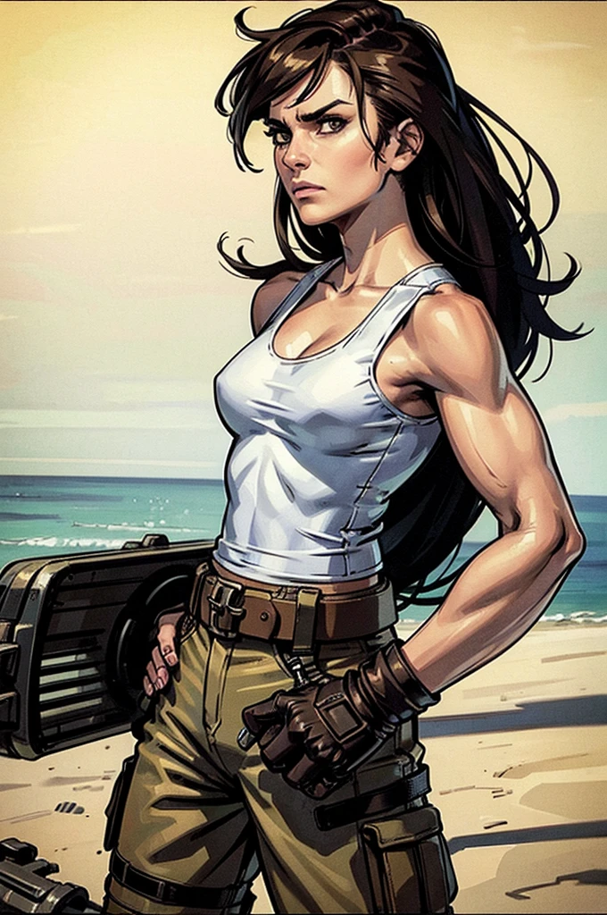 a military woman, well trained body, white sleeveless t-shirt, Exposed collarbone, beige leather shelter, blue pants, two leather belts with gun pockets, dark brown hair, carving, Brown eyes, hazel left eye, left eye with a scar, beach shore, at daytime, fighting position, fighting position taekwondo, hands clenched into fists, at the level of your chin, annoyed, staring menacingly at the viewer, sharp eyes, threatening expression looking at viewer, sparkling beach, palm trees around, In a post-apocalyptic environment, post - apocalyptic cowgirl, Post - Apocalyptic style, Post apocalyptic clothing, pose, post-apocalyptic, Postapocalyptic style, post apocalyptic grunge, Post - Apocalyptic Scavenger. (Ultra quality) 8k quality, detailed, perfect light, perfect angle, perfect sharpness.
