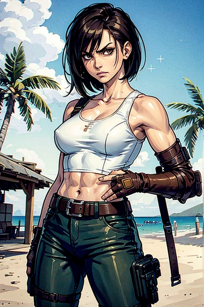 a military woman, well trained body, white sleeveless t-shirt, Exposed collarbone, beige leather shelter, blue pants, two leather belts with gun pockets, dark brown hair, carving, Brown eyes, hazel left eye, left eye with a scar, beach shore, at daytime, fighting position, fighting position taekwondo, hands clenched into fists, at the level of your chin, annoyed, staring menacingly at the viewer, sharp eyes, threatening expression looking at viewer, sparkling beach, palm trees around, In a post-apocalyptic environment, post - apocalyptic cowgirl, Post - Apocalyptic style, Post apocalyptic clothing, pose, post-apocalyptic, Postapocalyptic style, post apocalyptic grunge, Post - Apocalyptic Scavenger. (Ultra quality) 8k quality, detailed, perfect light, perfect angle, perfect sharpness.