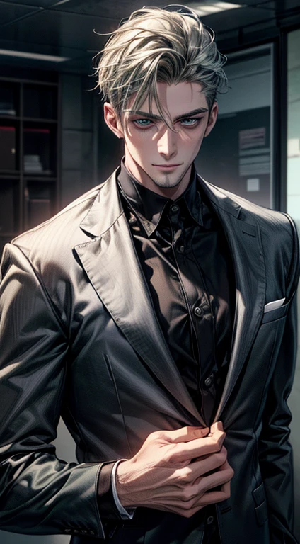 (best quality,4k,8k,highres,masterpiece:1.2),ultra-detailed,(realistic,photorealistic,photo-realistic:1.37),1 man,31 years old,mature man,very handsome,without expression,smile,short grey green hair,blue eyes,penetrating gaze,perfect face without errors,imposing posture,businessman,office background,cinematic lighting,hdr image