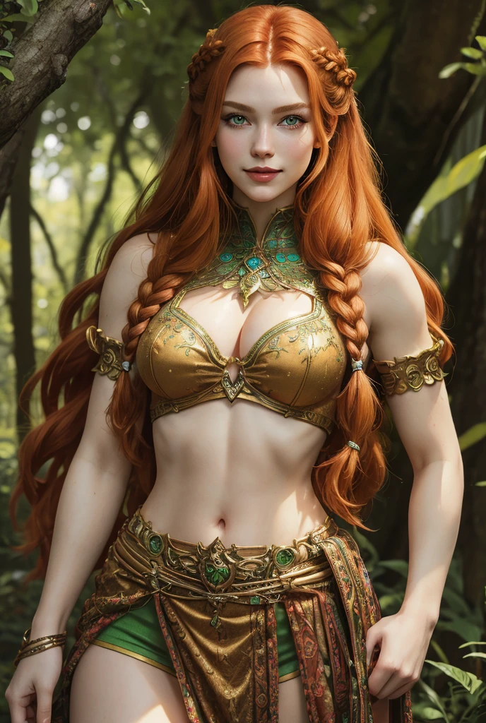 masterpiece, fulllength, perfect body, perfect face, ginger hair, long braided hair, fantasy character, druid, fairy, perfect breasts, thighs, midriff, green eyes, magical, smiling, muscular, abs
