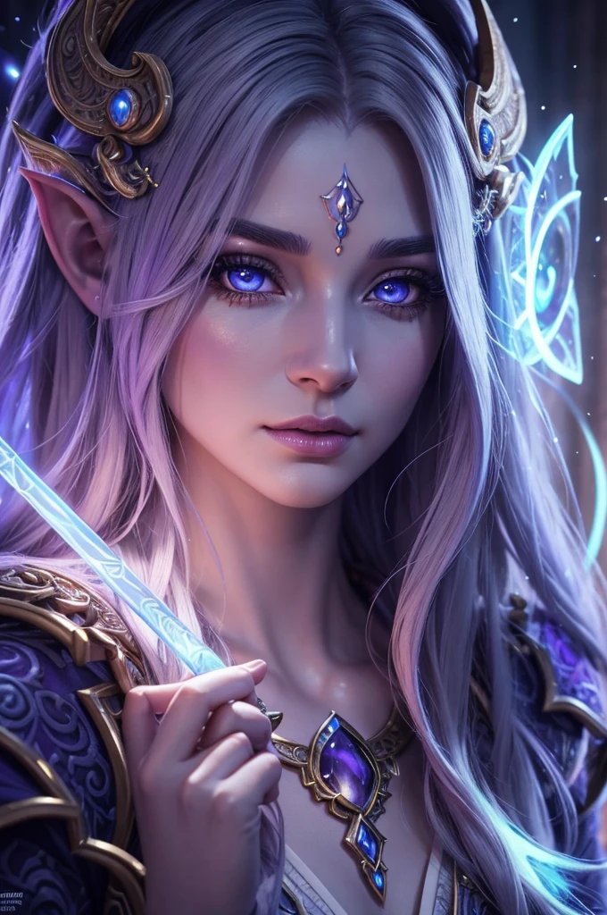 intricate detailed portrait of a draenei mage from world of warcraft, beautiful detailed eyes, beautiful detailed lips, extremely detailed face, long eyelashes, detailed skin texture, flowing white hair, elegant ornate robes, holding a glowing magic staff, mystical fantasy environment, epic cinematic lighting, vibrant colors, photorealistic, 8k, high resolution, masterpiece, concept art.